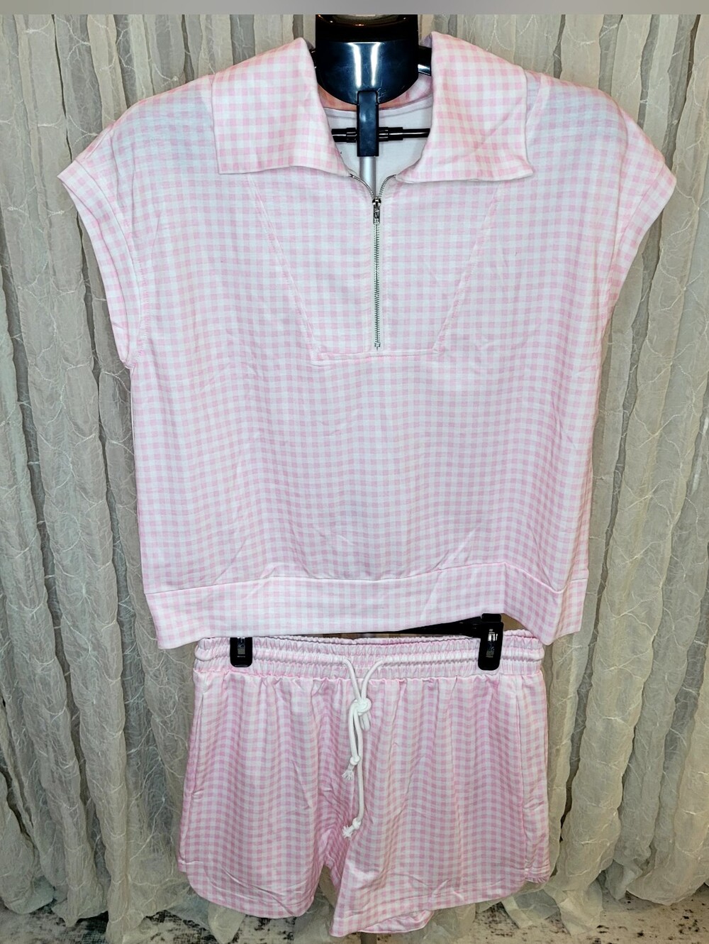 Pink Gingham Plaid 2-Piece Lounge Set L Light French Terry Zip 3/4 Top Shorts